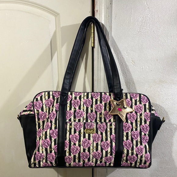 Betsey Johnson Handbags - Betsy Johnson quilted black and white stripes with Purple Hearts weekender 18/13